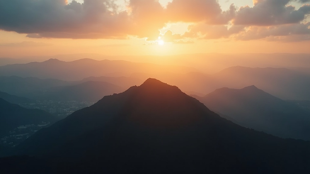 A sunrise over a mountain peak, with light shining through clouds onto a quiet valley. The mood is uplifting and serene.